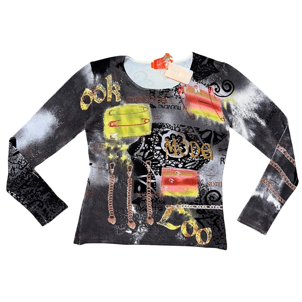 Tessori Earth Bound Graphic Print Pullover Top XL Black Grey Cybercore Y2K NEW